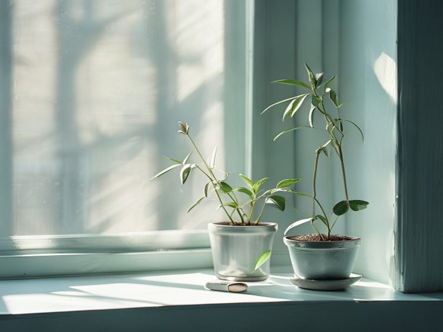 Daglig rutine Et vindueskarme med blomster og dæmpet sollys